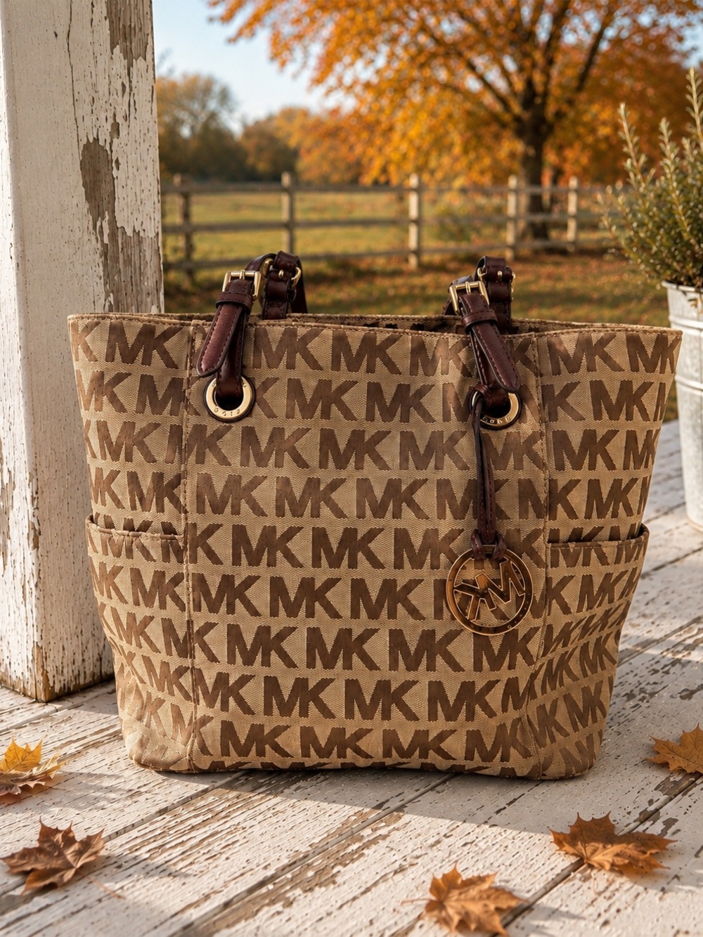 Michael Kors Jet Set Large Tote Brown MK Logo Jacquard Shoulder Bag